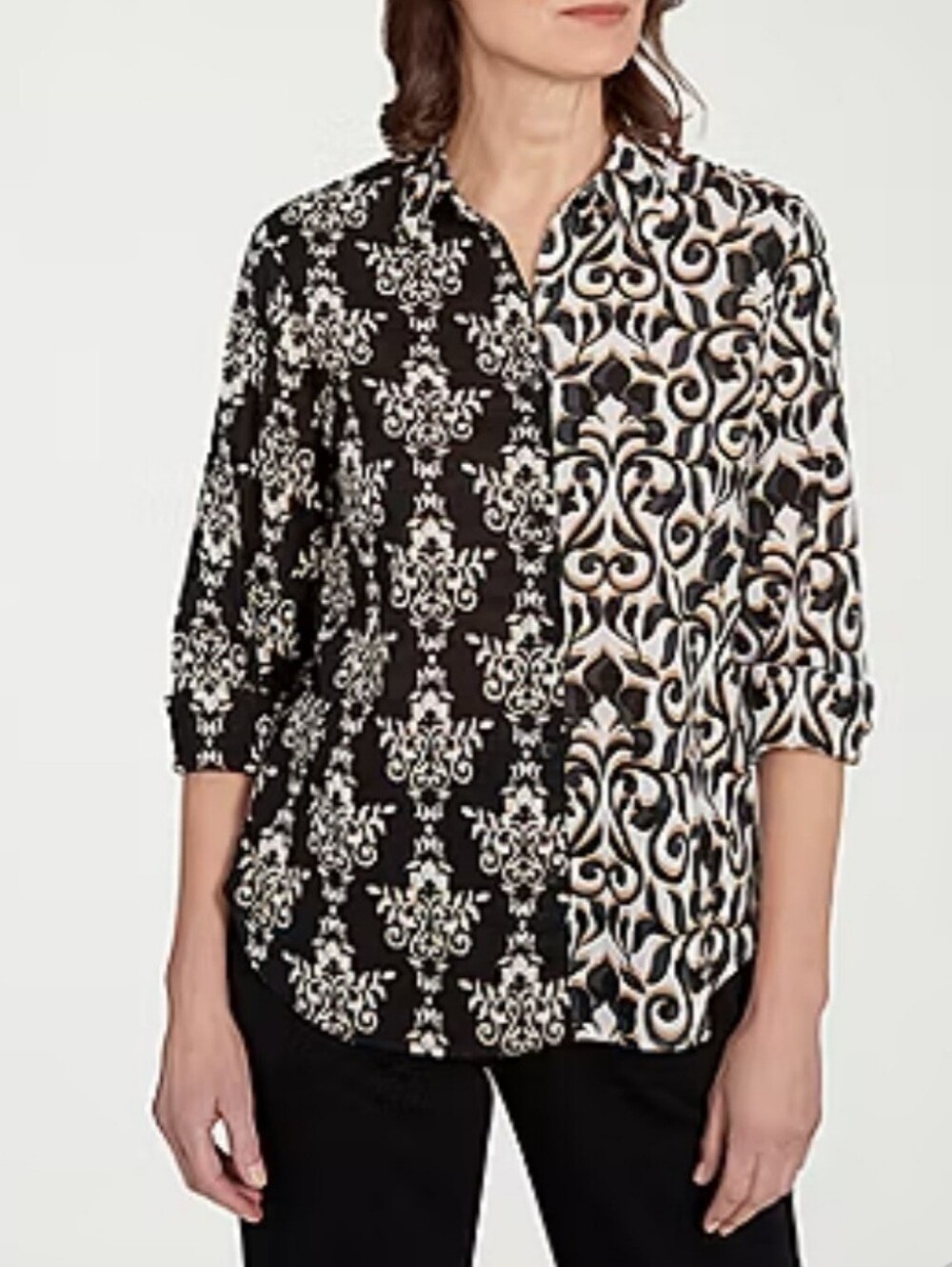 Alfred Dunner Natural Instinct Womens Cuffed 3/4 Sleeve Regular Fit Button-Down